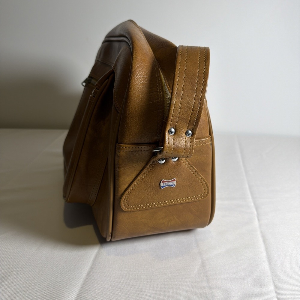 Vintage American Tourister Brown Tan Leather Shoulder Bag travel Carry On Bag - Picture 4 of 16